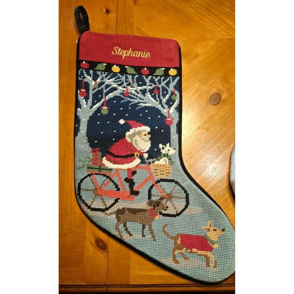 LANDS END Bicycle Santa Dogs Winter Wool Needlepoint Christmas Stocking Stephani